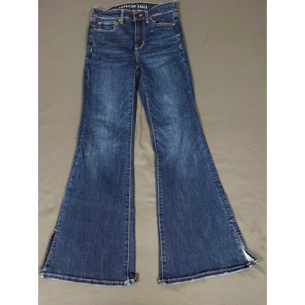American Eagle Flare Jeans Women 2 Short Blue Super Hi-Rise Side Slit Stretch